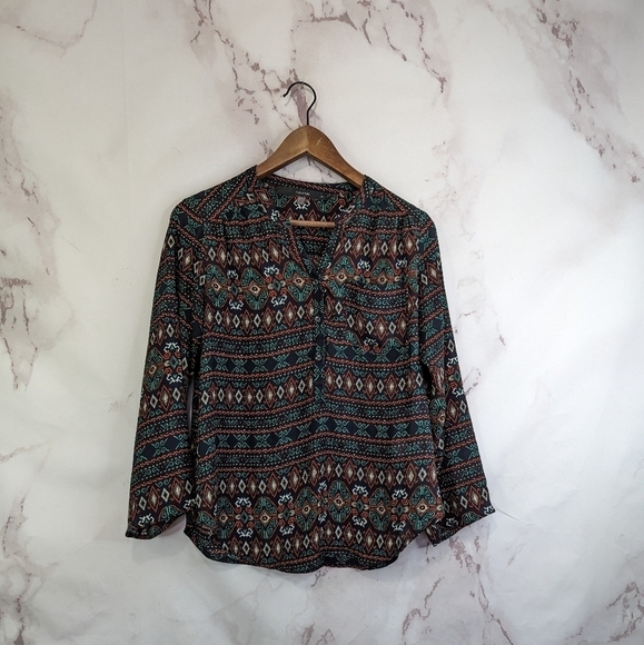 Mod Cloth Fun2Fun Blouse Women Medium Boho Tribal Navy Green Peasant Aztec Sheer - Picture 1 of 12